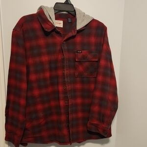 Wrangler Red Plaid Button-Up Shirt with Hood